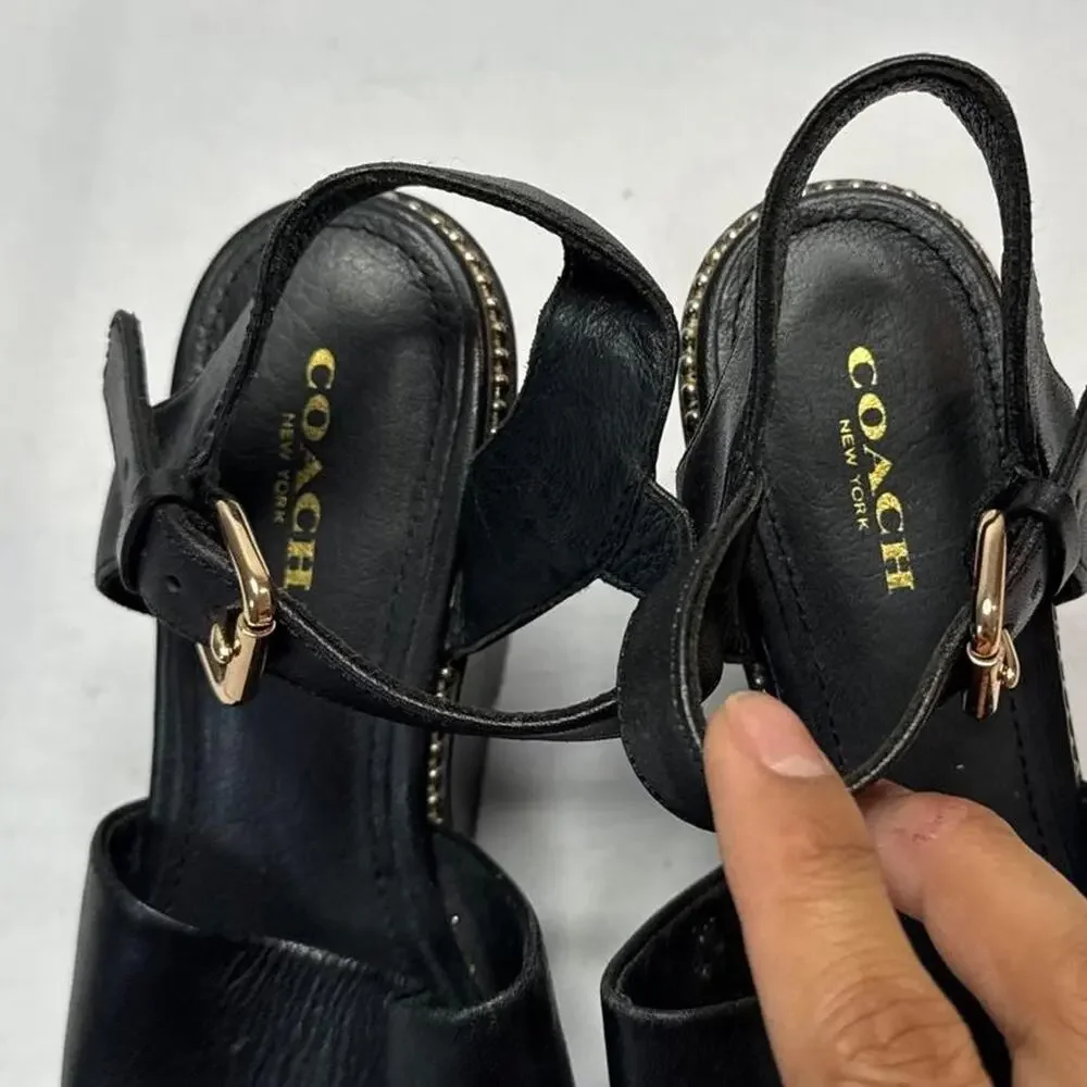 Coach Black Leather Platform Wedge Sandals studded detail Gold Hardware size 6
